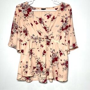 Torrid Blouse Women 1 (1X) Peach Floral Flowy Faux Wrap Bell Sleeve Babydoll Top